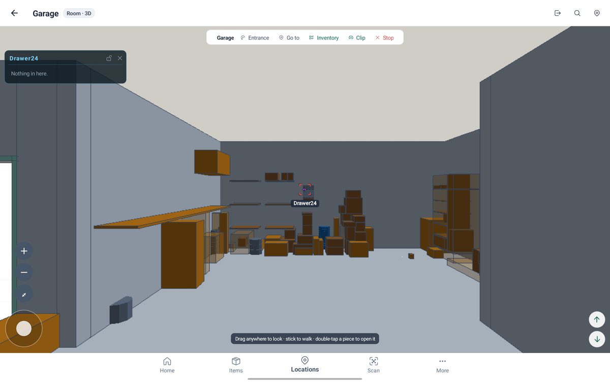 ItemAtlas3D: walking through a garage in 3D with a storage drawer opened