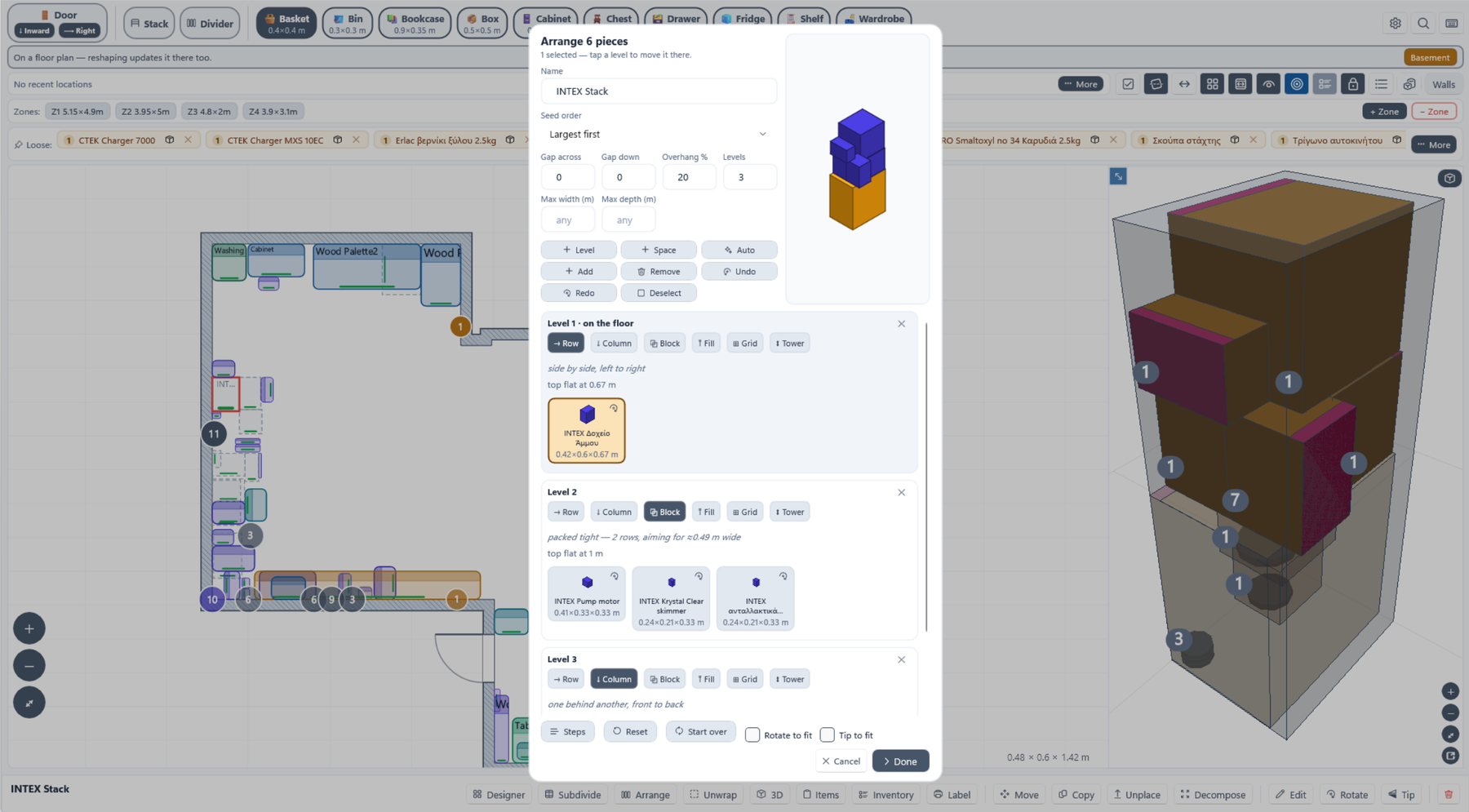 The arrange editor open over a room plan, with the live 3D view of the stack beside it