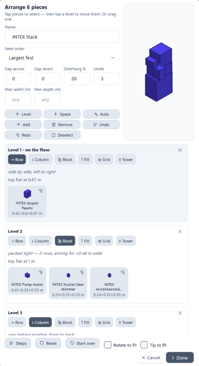 Three authored levels, each with its own layout, and the full row of editor controls
