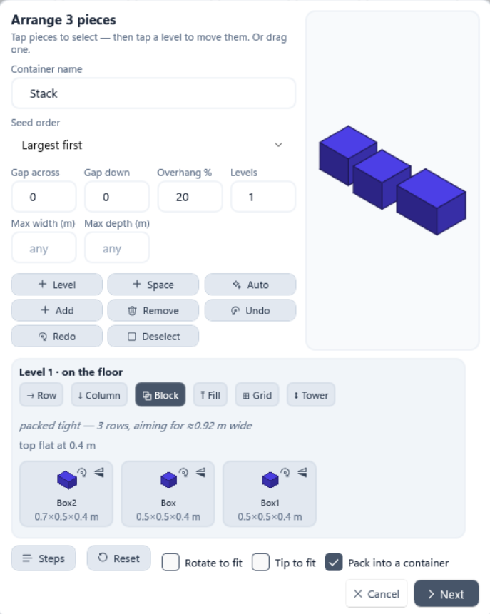 A new arrangement of three boxes on one level, with Pack into a container ticked