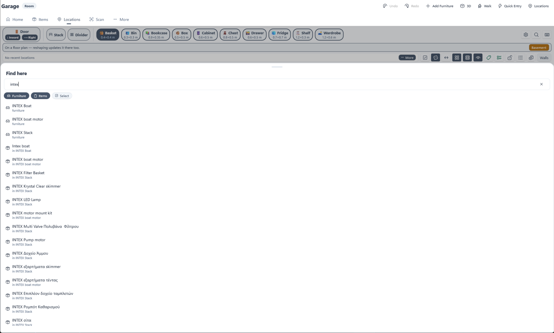 The Find panel inside the Garage designer, searching for intex, listing matching furniture and then items with the container each is in