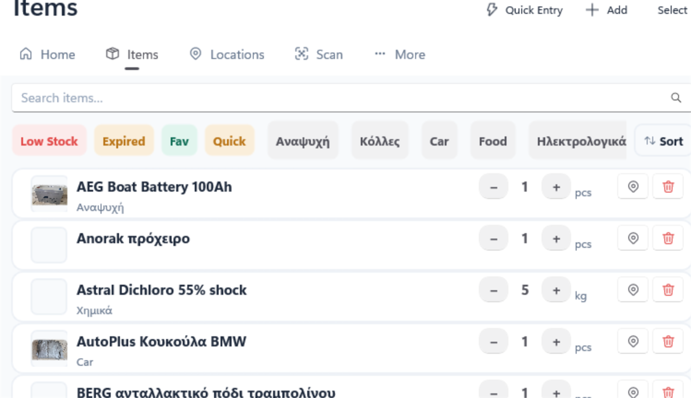 Searching the item list with committed filter chips