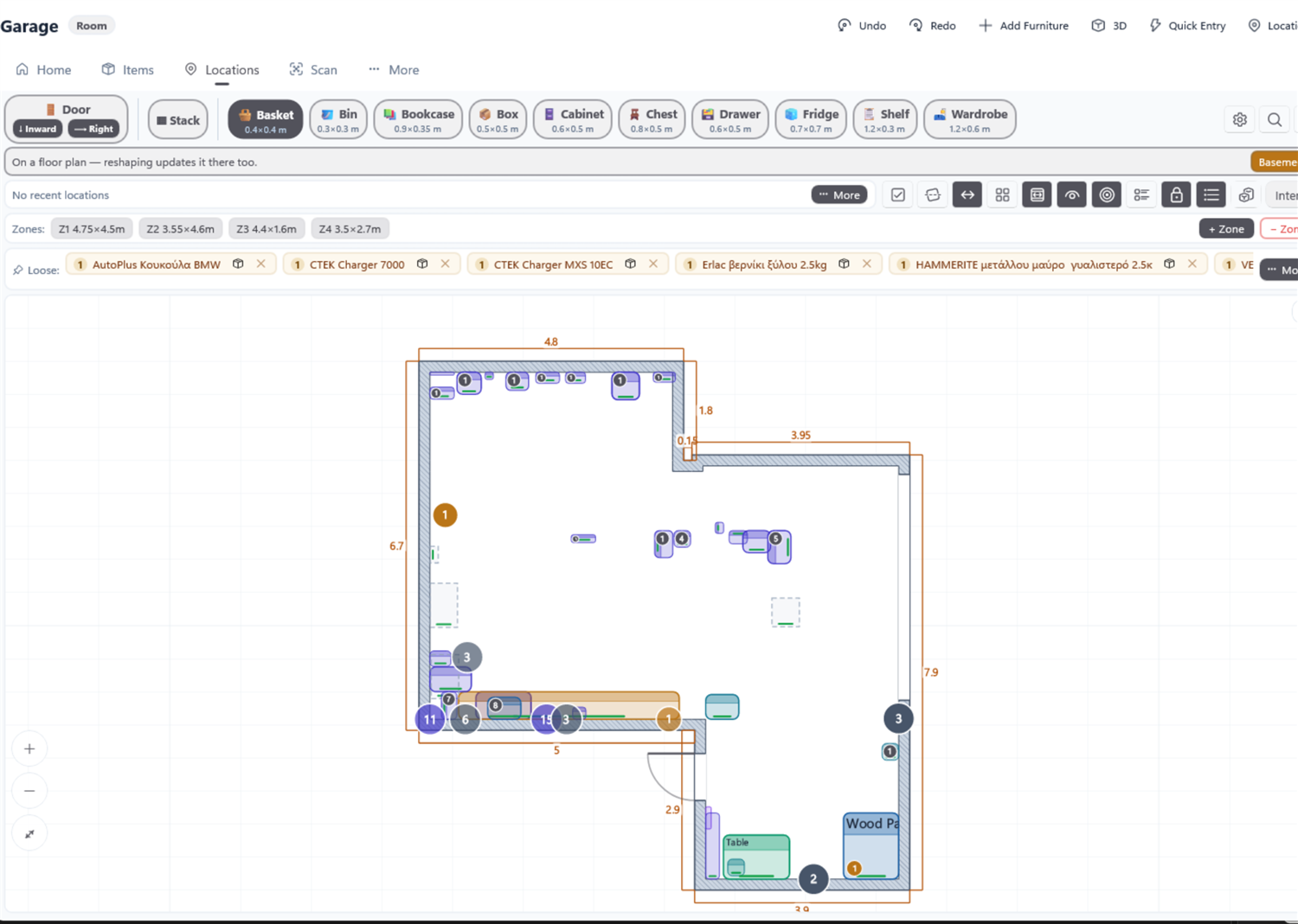 The room designer with furniture placed on a plan