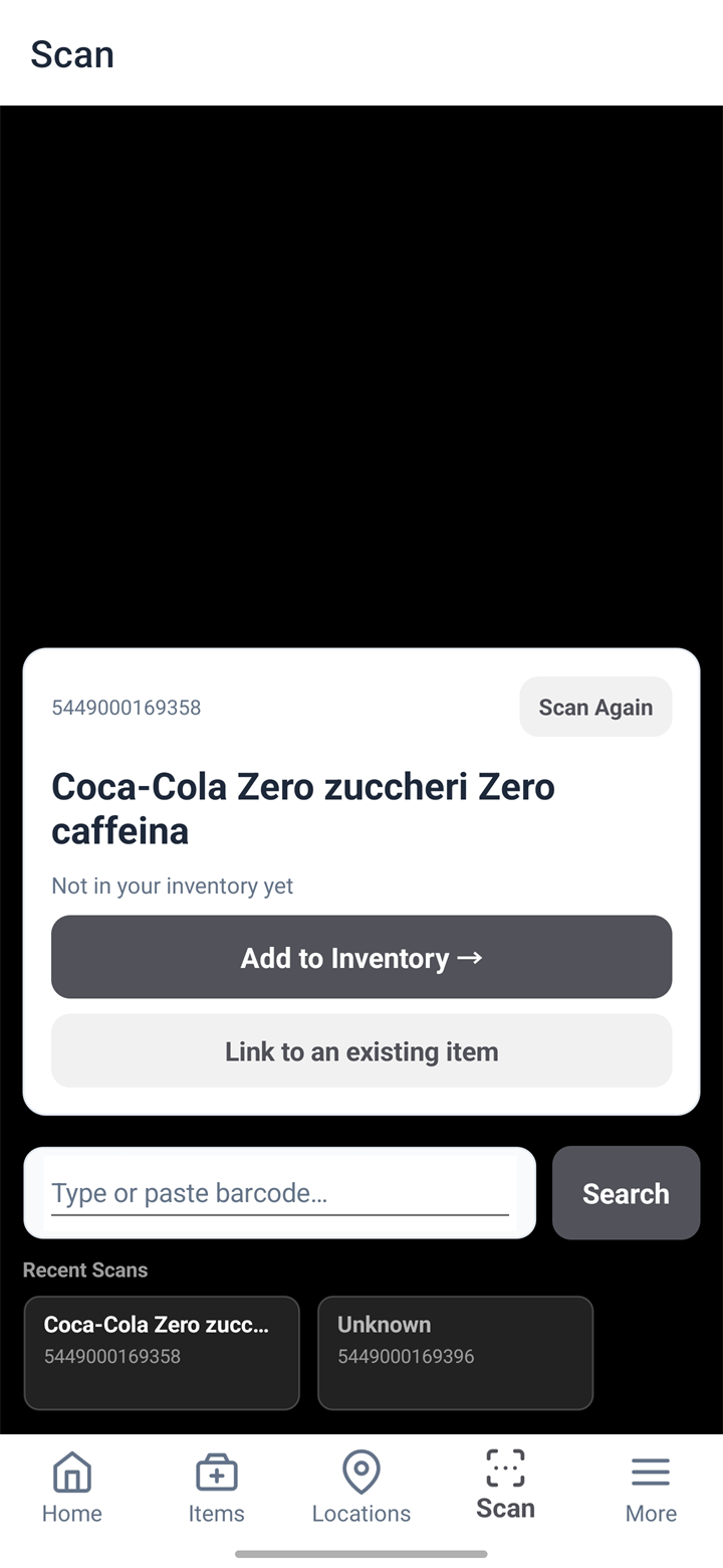 A scan result card offering Add to Inventory or Link