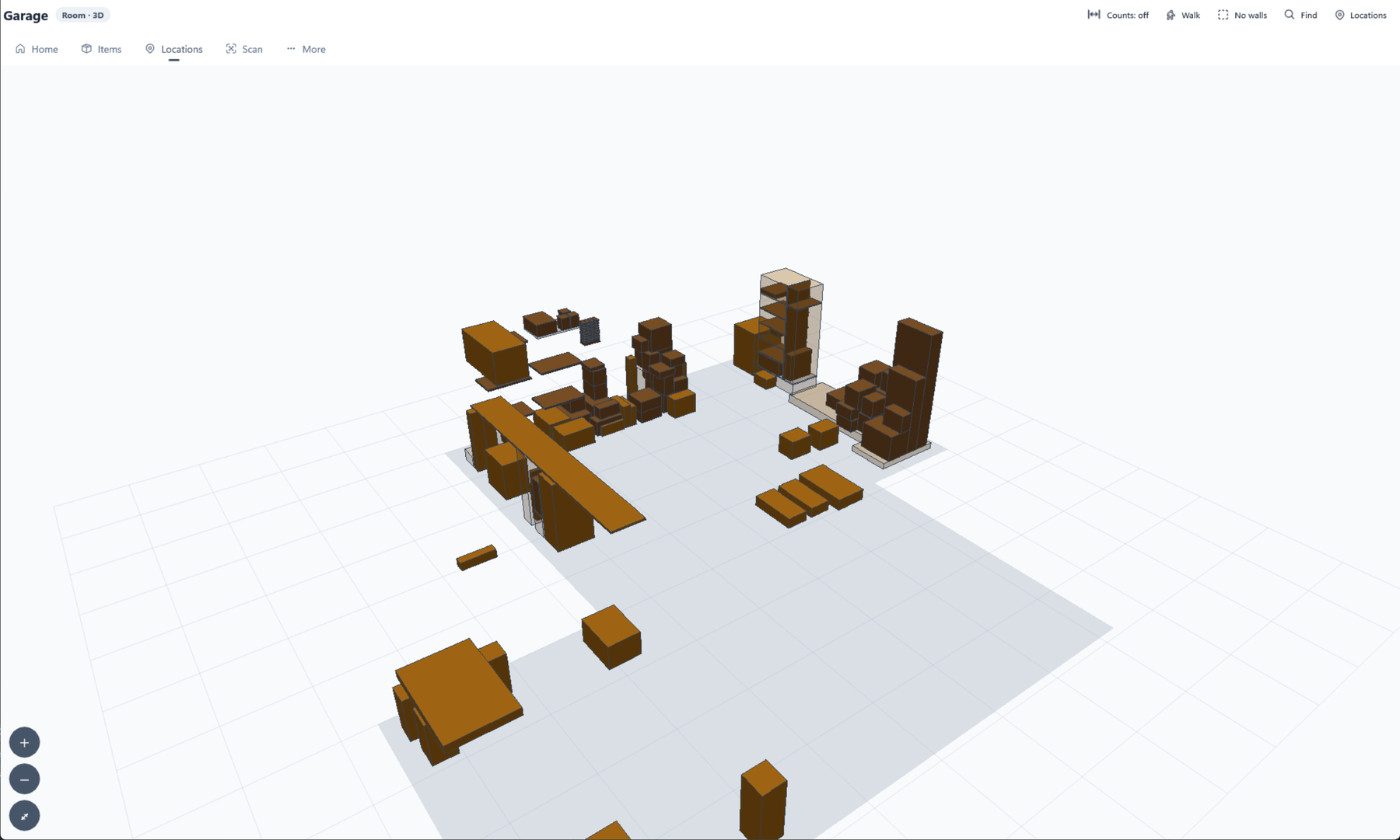 A garage in the 3D view with the room shell switched off, showing only the floor and the furniture on it