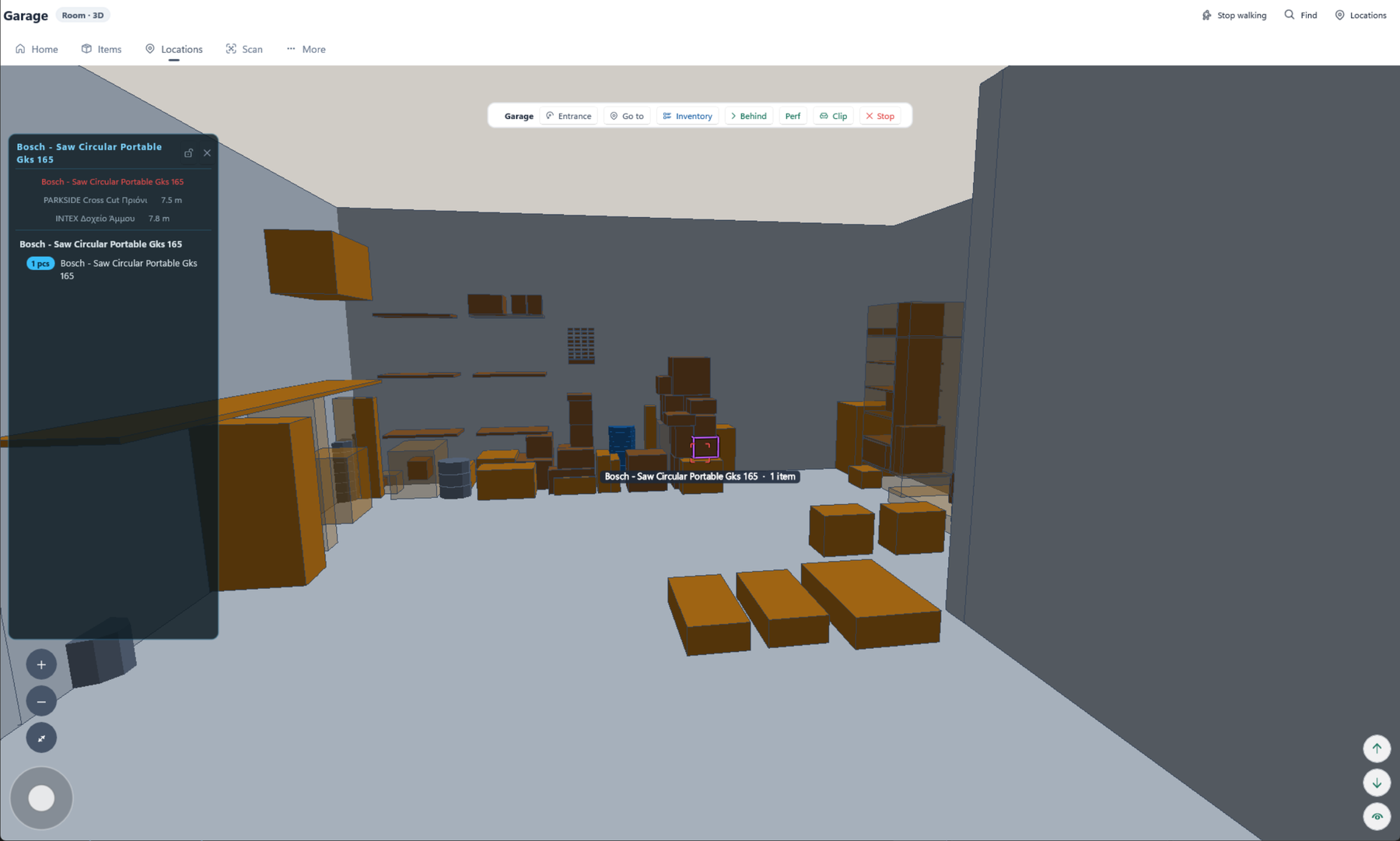 Standing inside a garage in walk mode, with the HUD bar, the inventory panel and a focused piece outlined